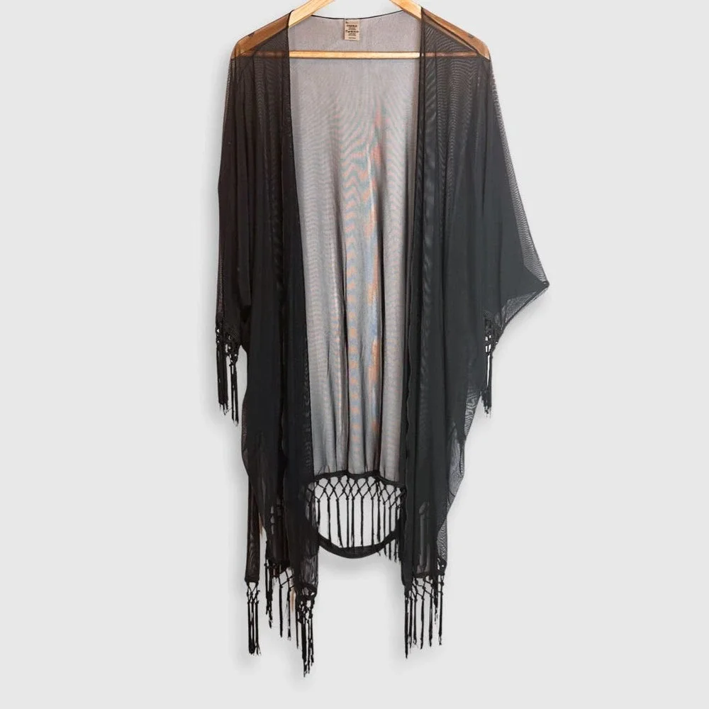 MONTCE Swim Black Sheer Fringe Kimono OS - Picture 1 of 5